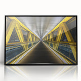 Framed acrylic artwork showcasing a modern landscape bridge design with a black frame, displayed from the front view, ideal for contemporary home decor.
