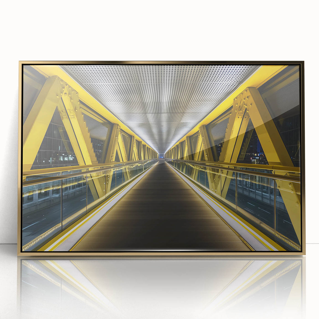 Framed acrylic artwork depicting a serene landscape bridge in gold tones, showcasing intricate details and vibrant colors, ideal for modern home decor.