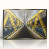 Framed acrylic artwork depicting a serene landscape bridge in gold tones, showcasing intricate details and vibrant colors, ideal for modern home decor.