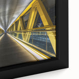 Close-up of a framed landscape canvas depicting a serene bridge scene, showcasing vibrant colors and intricate details, ideal for home decor enhancement.