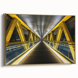 Framed canvas art featuring a stunning landscape of a golden bridge, showcasing intricate details and vibrant colors, perfect for enhancing home decor.