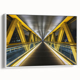 Framed canvas art depicting a serene landscape bridge scene, showcasing lush greenery and a tranquil waterway, presented from a white side view, perfect for home decor.