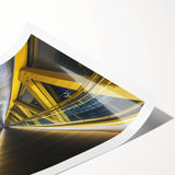 Landscape artwork showcasing a vibrant, detailed bridge print on rolled canvas, perfect for home décor, packaged securely in a protective cardboard tube.