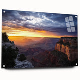 Acrylic landscape wall art depicting canyons, showcasing vibrant colors and intricate details, displayed in a side view with decorative pins for hanging.