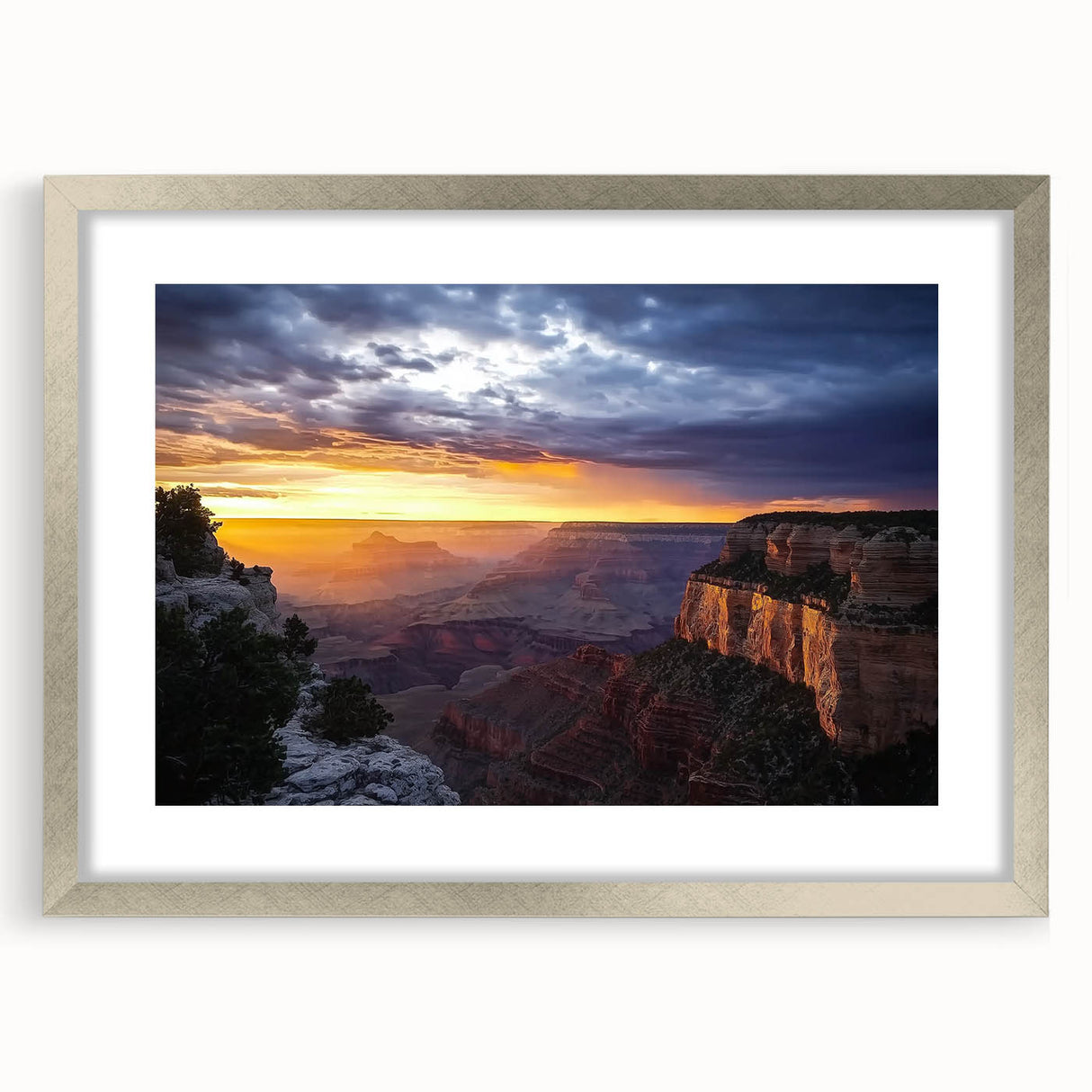 Landscape canyon art print framed in silver with a mat, showcasing intricate details of the natural scenery and vibrant colors, perfect for home decor.