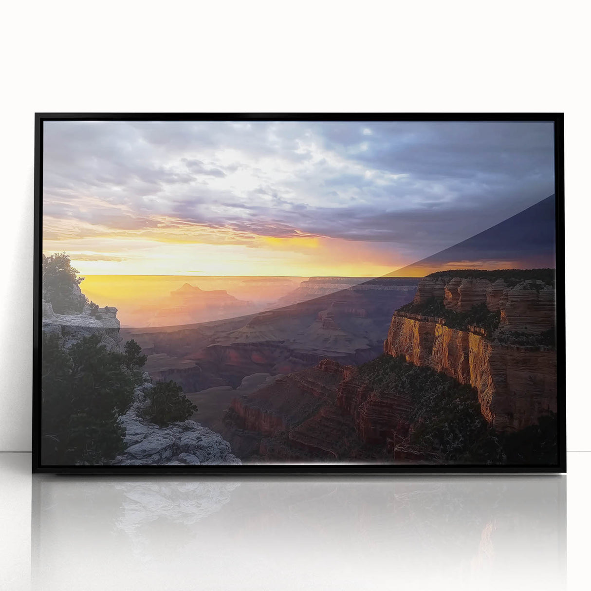 Framed acrylic artwork showcasing a stunning landscape of canyons, featuring vibrant earth tones and intricate details, perfect for modern home decor.