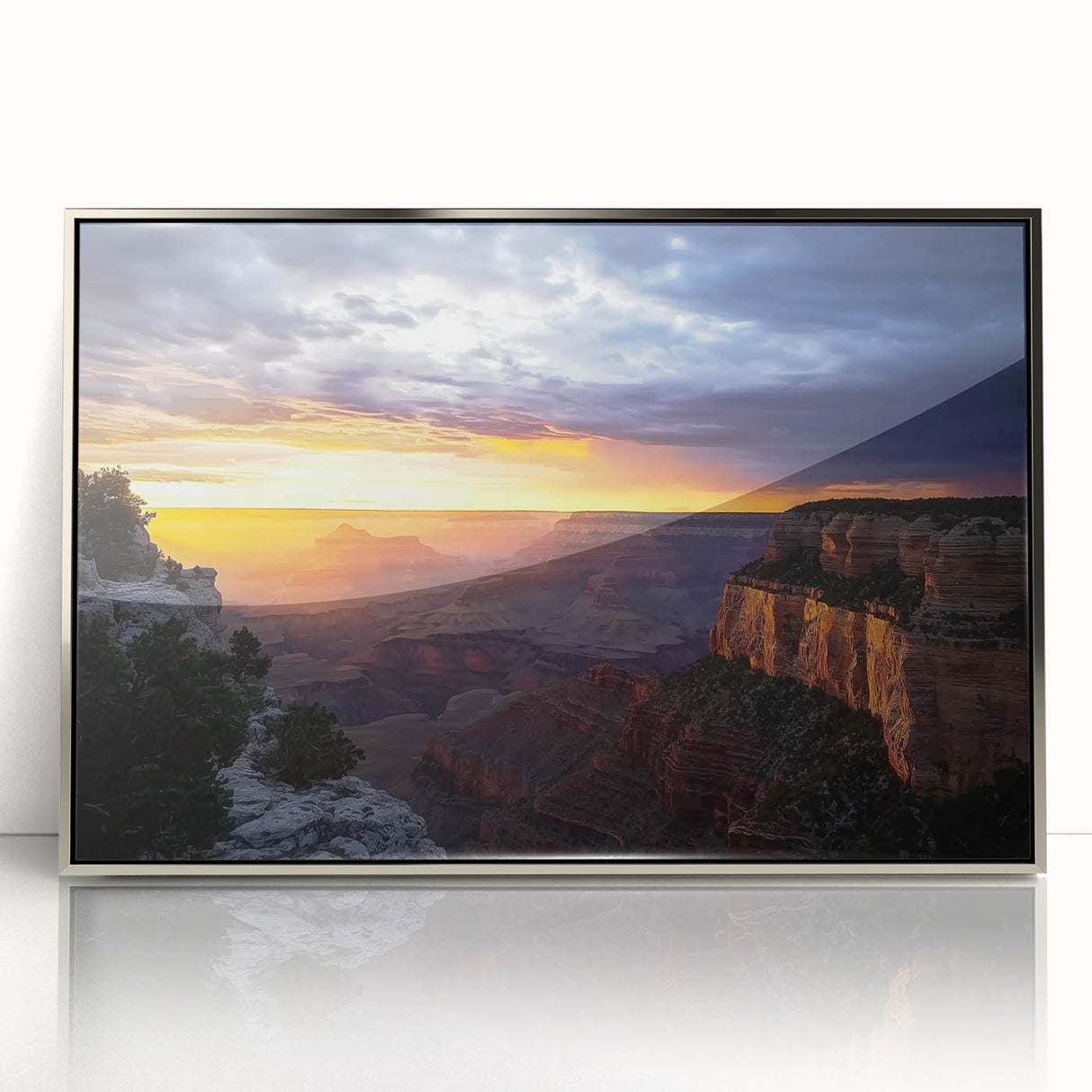 Framed acrylic artwork showcasing a stunning landscape of canyons with rich earthy tones and intricate details, perfect for enhancing modern home decor.