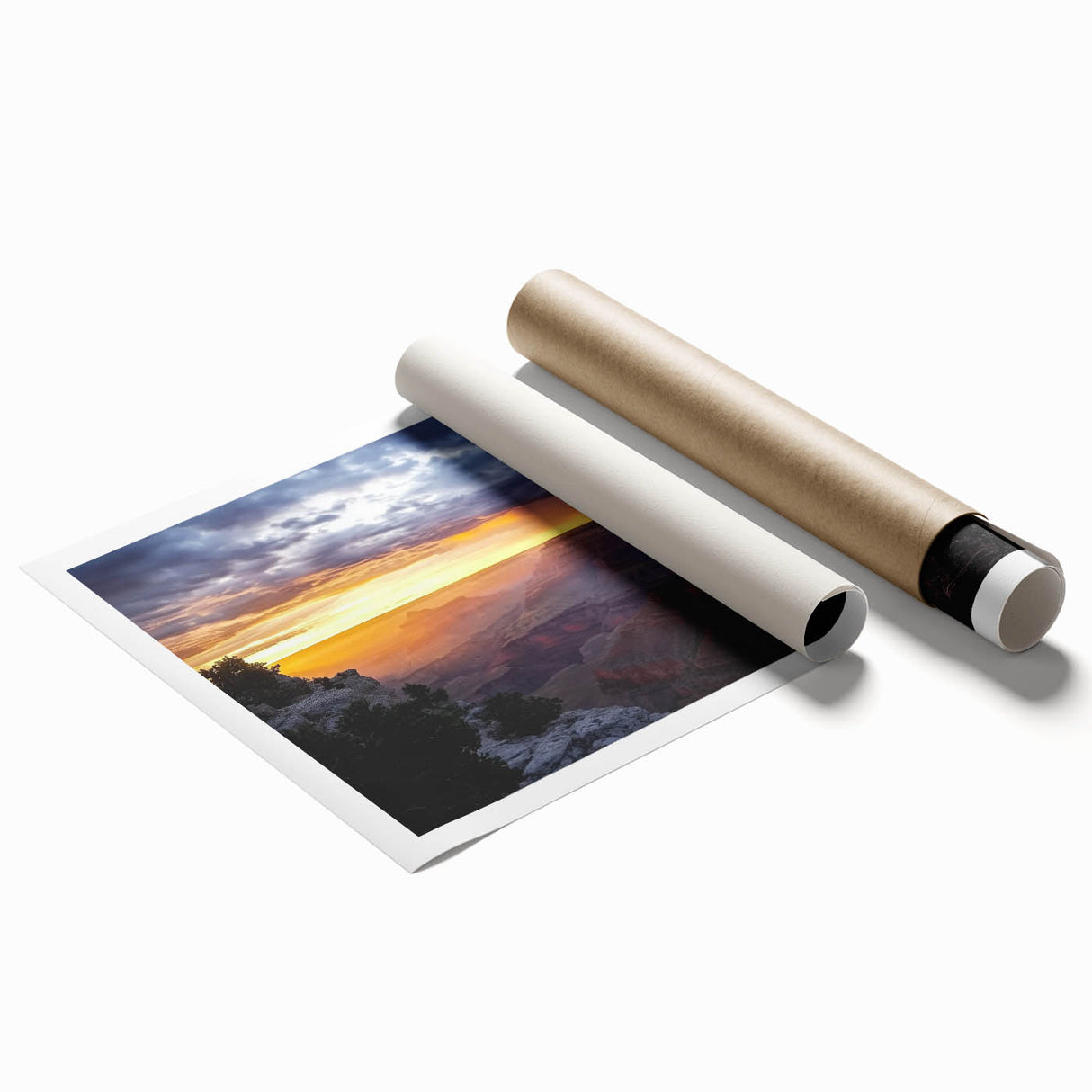 Vibrant landscape print showcasing colorful canyons with intricate details, rolled and ready for display, perfect for home or office decor.