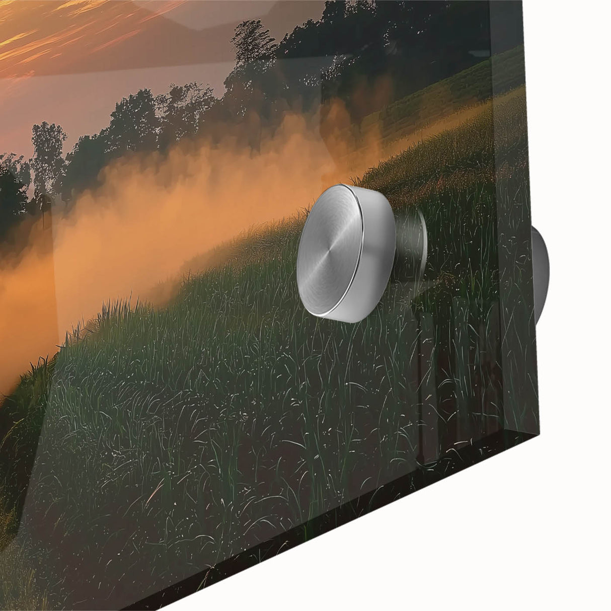 Close-up of a vibrant acrylic landscape painting depicting a serene countryside scene, showcasing lush green fields, a bright blue sky, and charming rural elements, perfect for enhancing home decor.