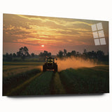 Acrylic landscape artwork showcasing a vibrant countryside scene with rolling hills and a clear blue sky, displayed from a side view in a sleek glass frame.