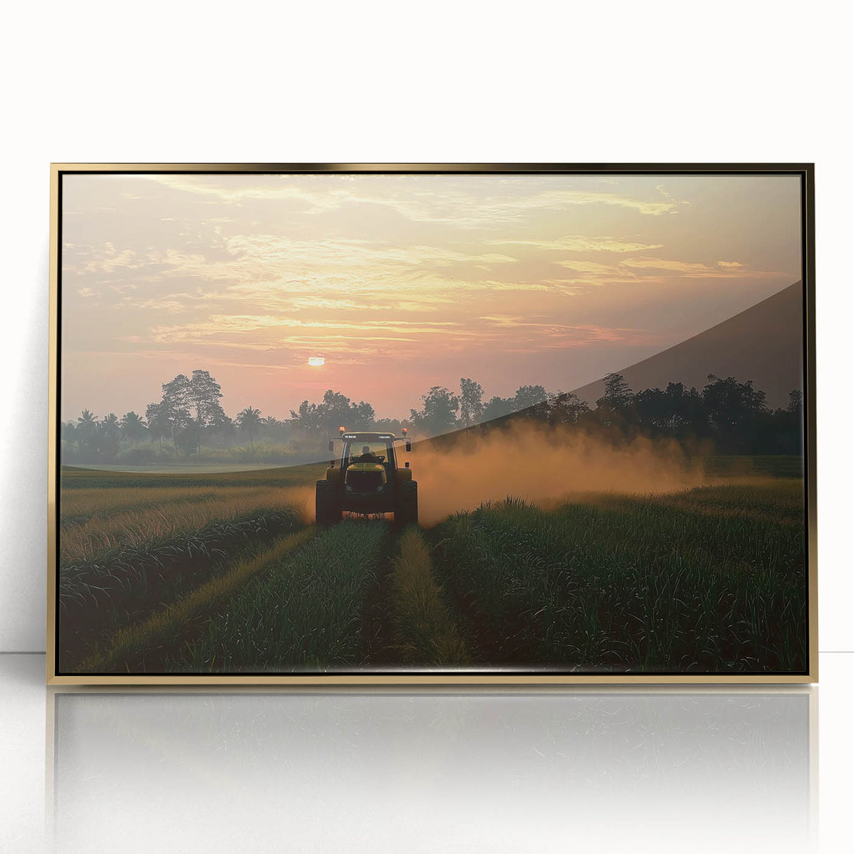 Framed acrylic artwork showcasing a serene countryside landscape with vibrant green fields and a clear blue sky, accented by an elegant gold frame for a luxurious touch.