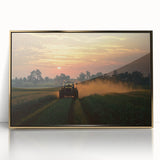 Framed acrylic artwork showcasing a serene countryside landscape with vibrant green fields and a clear blue sky, accented by an elegant gold frame for a luxurious touch.