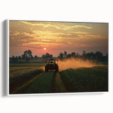 Framed canvas artwork showcasing a serene countryside landscape with rolling hills, vibrant green fields, and a soft blue sky, elegantly displayed in a white frame.