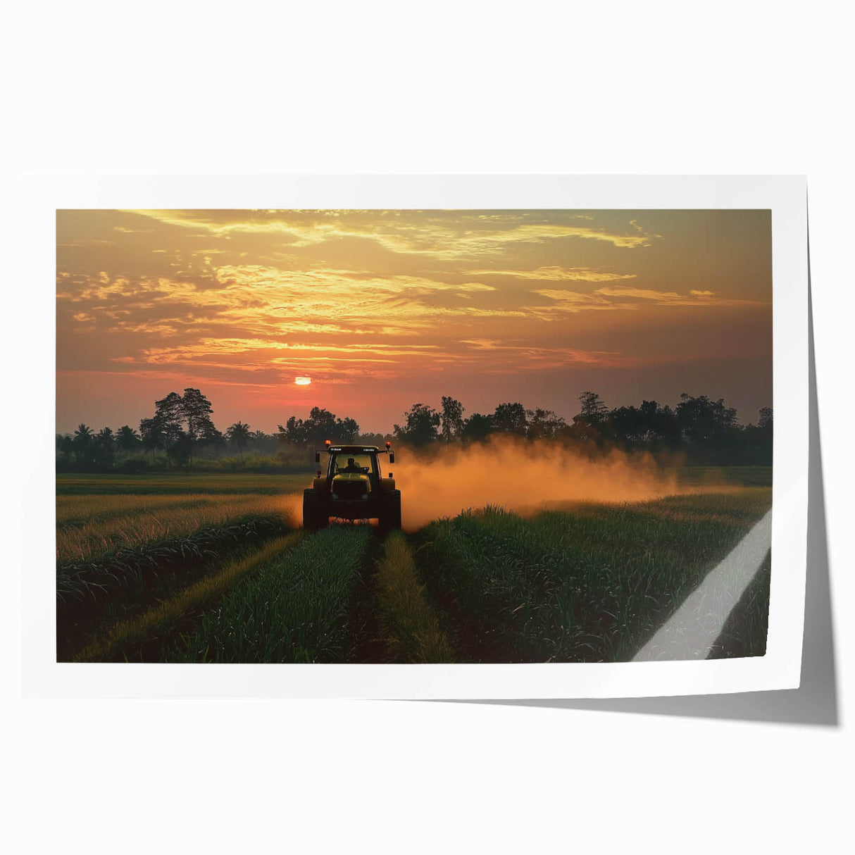 Rolled print showcasing a vibrant countryside landscape, featuring rolling hills and a serene sky, carefully packaged in a protective cardboard tube for shipping.