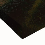 Close-up of a stretched canvas artwork depicting a serene countryside landscape with rolling hills, vibrant greenery, and a bright blue sky, perfect for home decor.