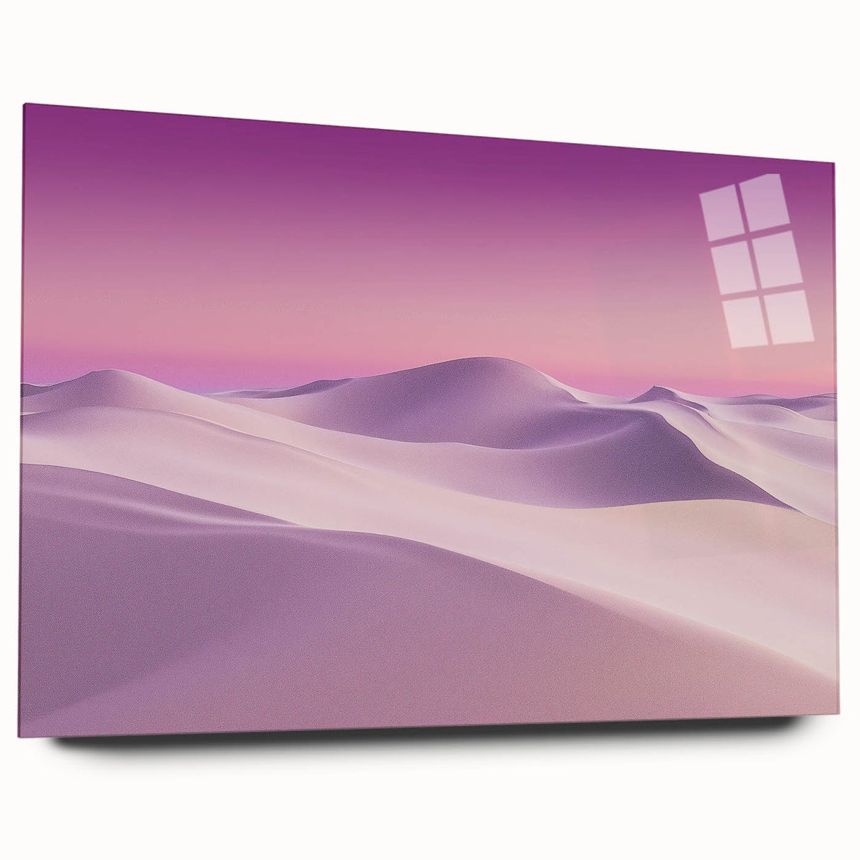 Desert landscape acrylic glass artwork showcasing vibrant orange and gold hues, featuring a side view design without pins, perfect for modern decor.