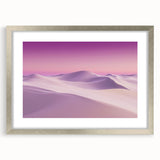 Desert landscape artwork framed in silver with a mat, showcasing vibrant hues of orange and yellow against a serene blue sky, perfect for home decor.