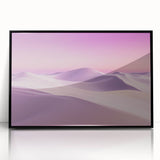 Framed acrylic artwork depicting a vibrant desert landscape with warm tones of orange and yellow, set against a sleek black frame, perfect for modern decor.