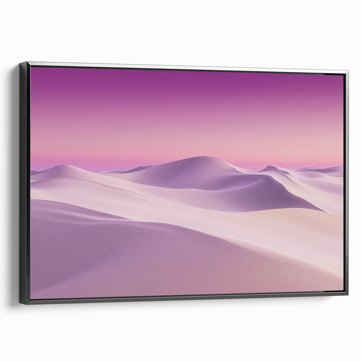 Framed canvas artwork showcasing a vibrant desert landscape, featuring hues of orange and yellow, displayed from a black side view for elegant decor.