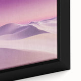 Close-up of a framed canvas depicting a vibrant desert landscape, showcasing warm hues of orange and yellow against a clear blue sky, perfect for home decor.