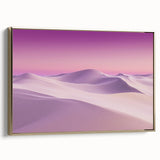 Framed canvas depicting a vibrant desert landscape with golden hues, showcasing rolling sand dunes and a serene sky, ideal for modern home décor.