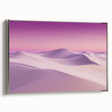 Framed canvas artwork of a desert landscape with vibrant colors and a silver frame, showcasing serene dunes and a sunset, enhancing modern home decor.