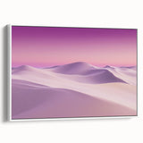 Framed canvas print showcasing a stunning desert landscape with warm hues of orange and yellow, featuring a white frame and side view display for elegant home decor.