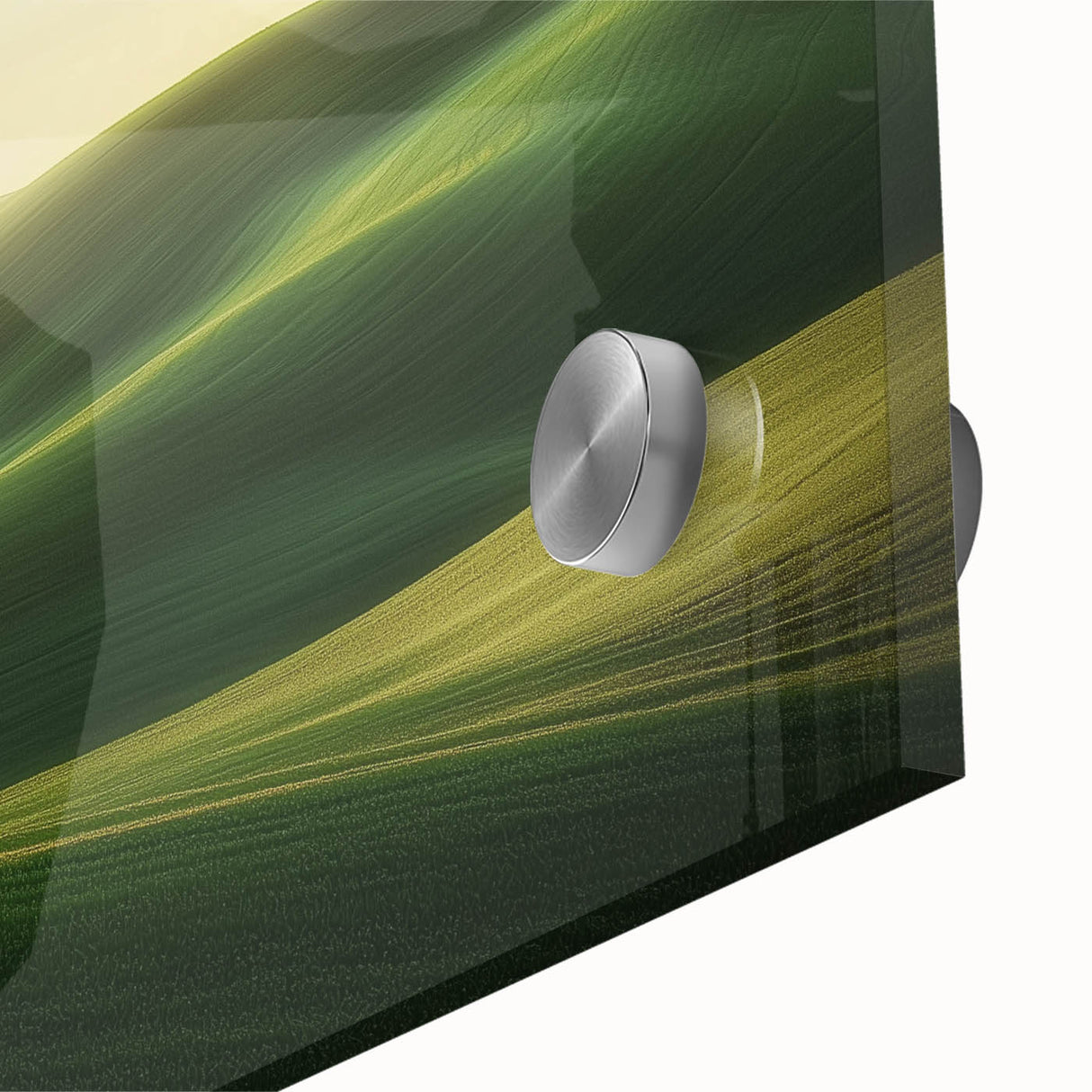 Close-up of vibrant acrylic landscape artwork depicting lush green fields with intricate textures, perfect for home decor or office enhancement.