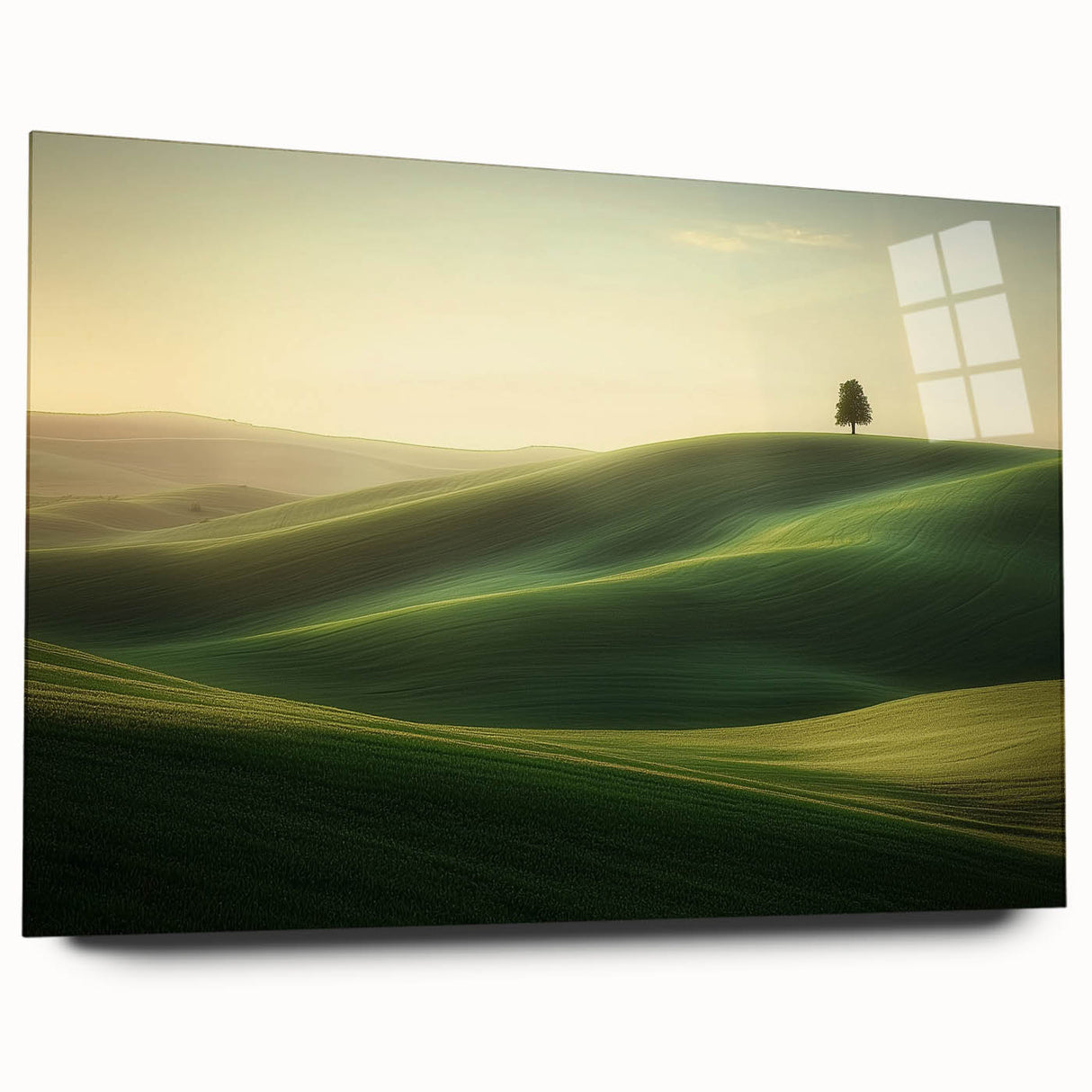 Acrylic glass artwork showcasing a vibrant landscape scene with lush green fields under a clear blue sky, viewed from the side without pins, ideal for home decor.