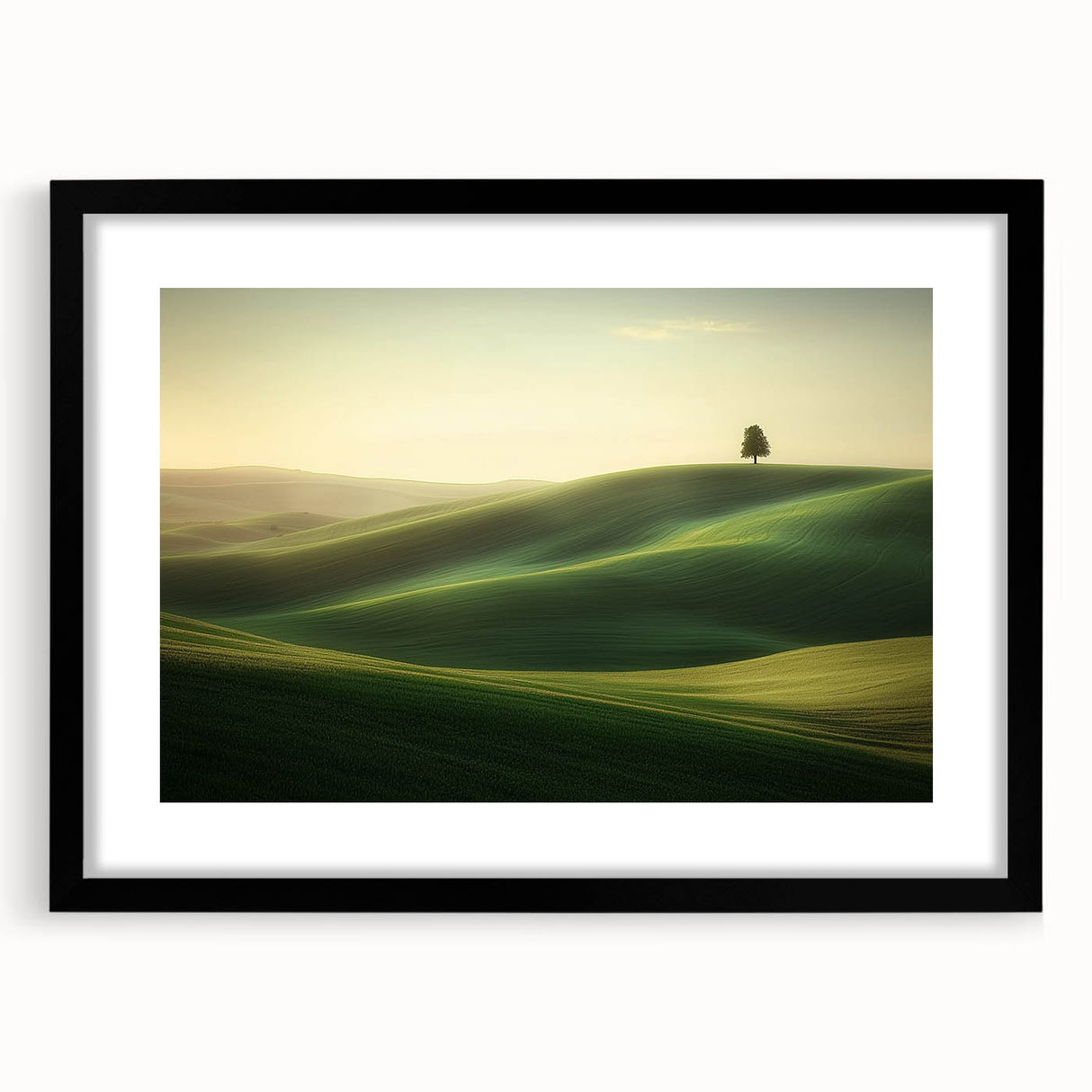 Black-framed landscape artwork with a mat, showcasing vibrant fields under a bright sky, ideal for home decor and enhancing interior spaces.