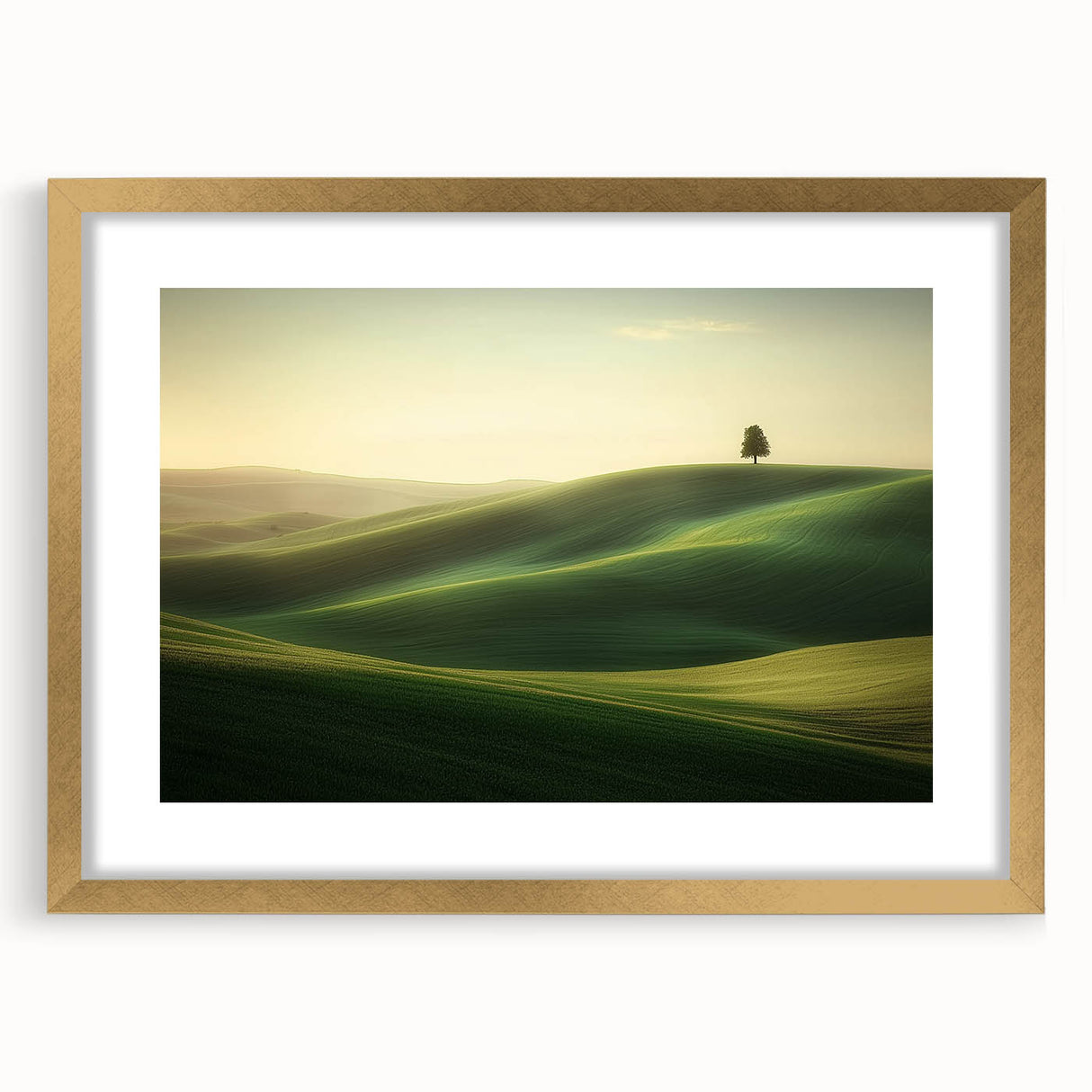 Elegant gold-framed landscape artwork featuring serene fields and a white mat, perfect for enhancing home decor with a touch of sophistication.