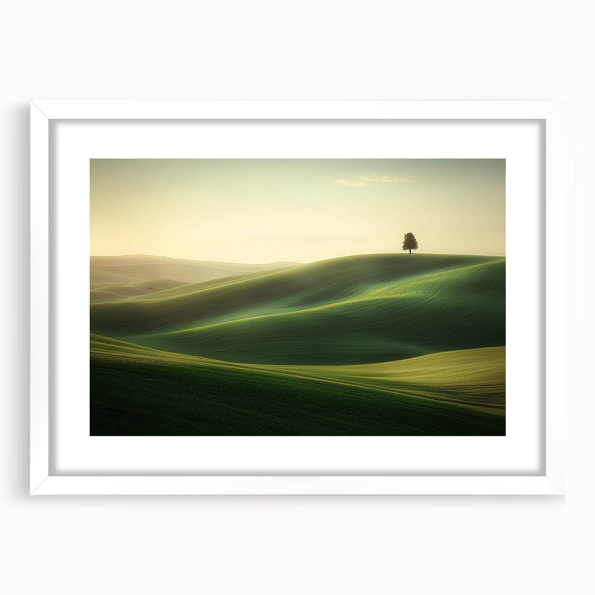 Elegant landscape artwork framed with a white mat, showcasing vibrant fields and a serene sky, perfect for enhancing home decor aesthetics. Ideal for art enthusiasts.