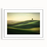 Elegant landscape artwork framed with a white mat, showcasing vibrant fields and a serene sky, perfect for enhancing home decor aesthetics. Ideal for art enthusiasts.