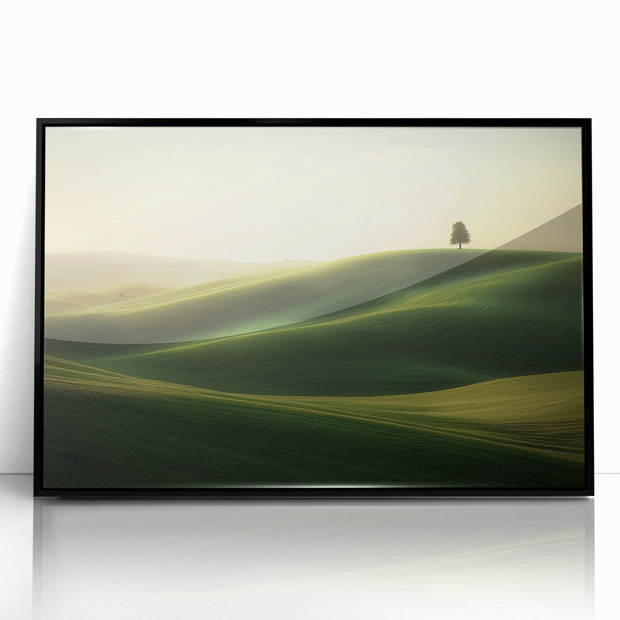 Framed acrylic landscape artwork showcasing vibrant green fields under a bright blue sky, with a sleek black frame enhancing the visual appeal. Ideal for modern home decor.