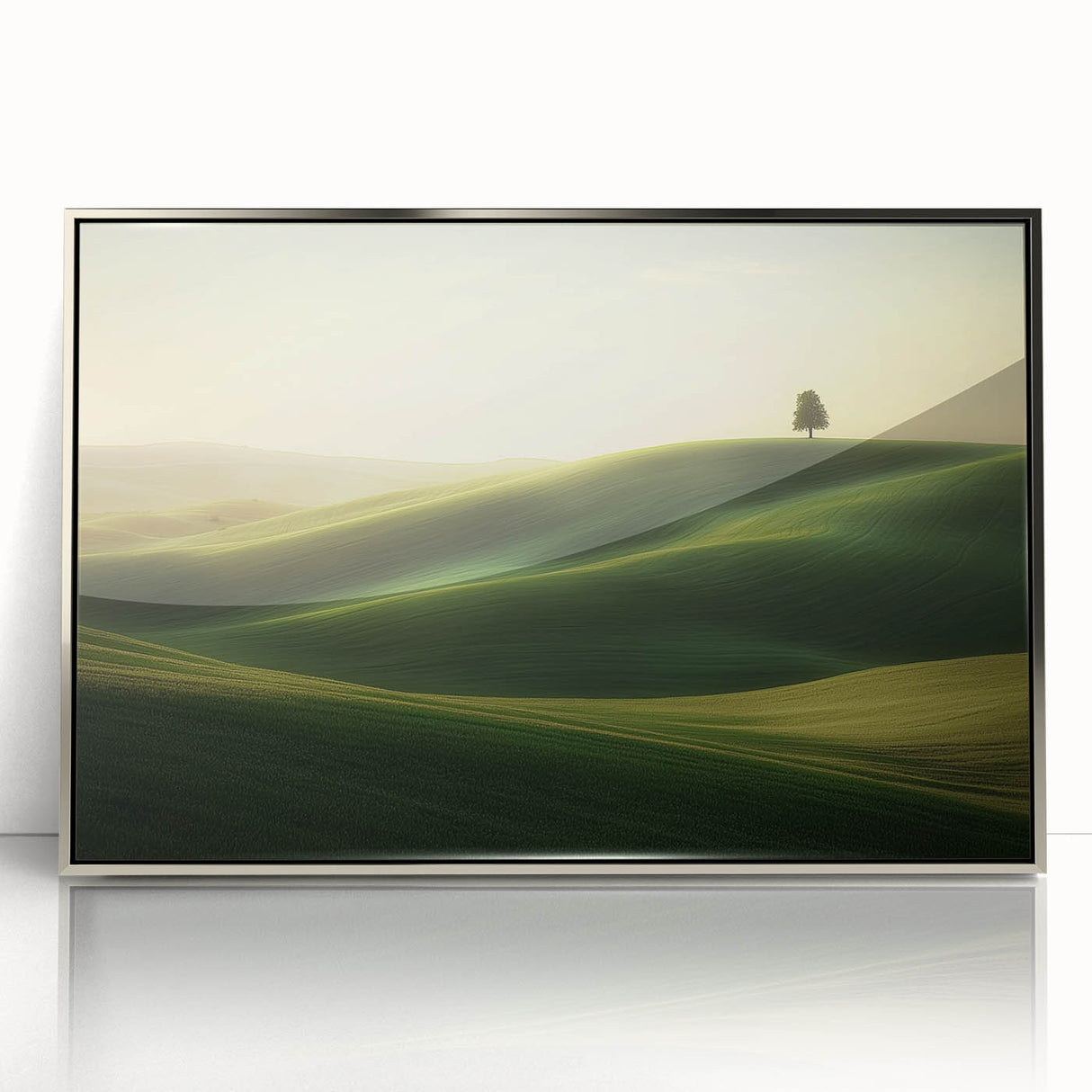 Framed acrylic artwork showcasing a serene landscape of vibrant green fields and rolling hills, accented by a sleek silver frame, perfect for modern decor.
