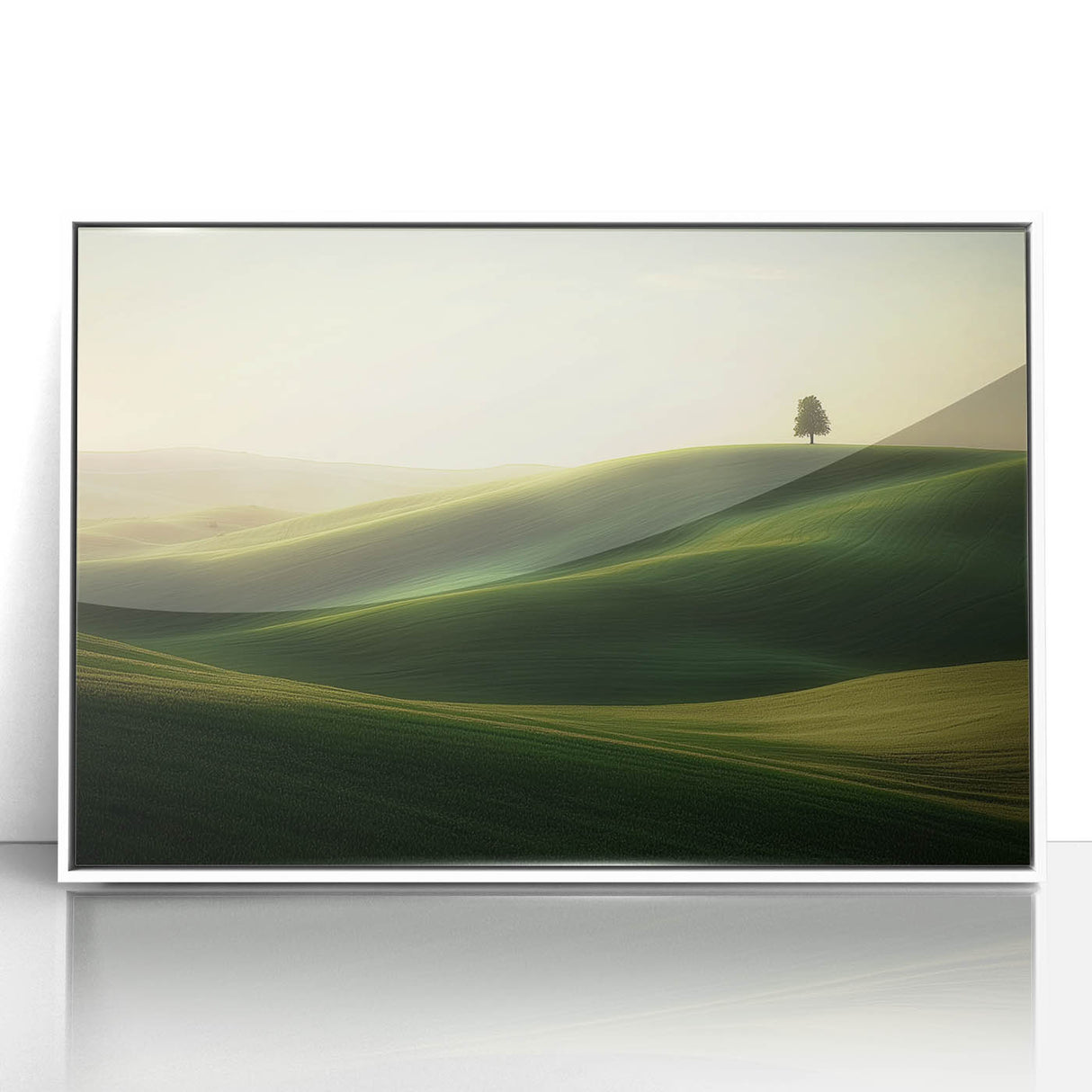 Framed acrylic artwork showcasing a vibrant landscape of rolling green fields under a bright blue sky, perfect for home decor. Ideal for nature lovers.