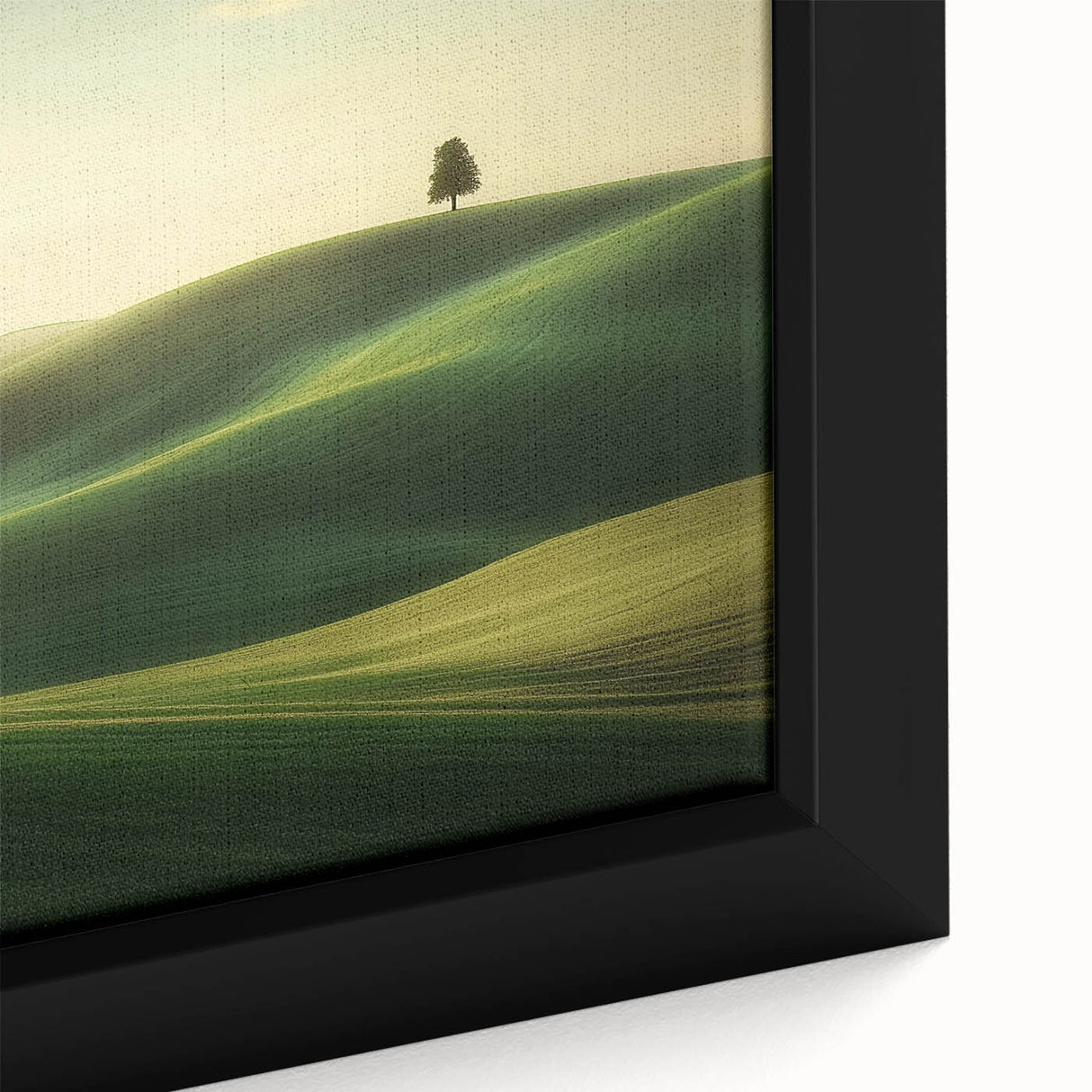 Framed canvas close-up showcasing vibrant landscapes with fields in rich greens and yellows, perfect for home decor and enhancing interior aesthetics.