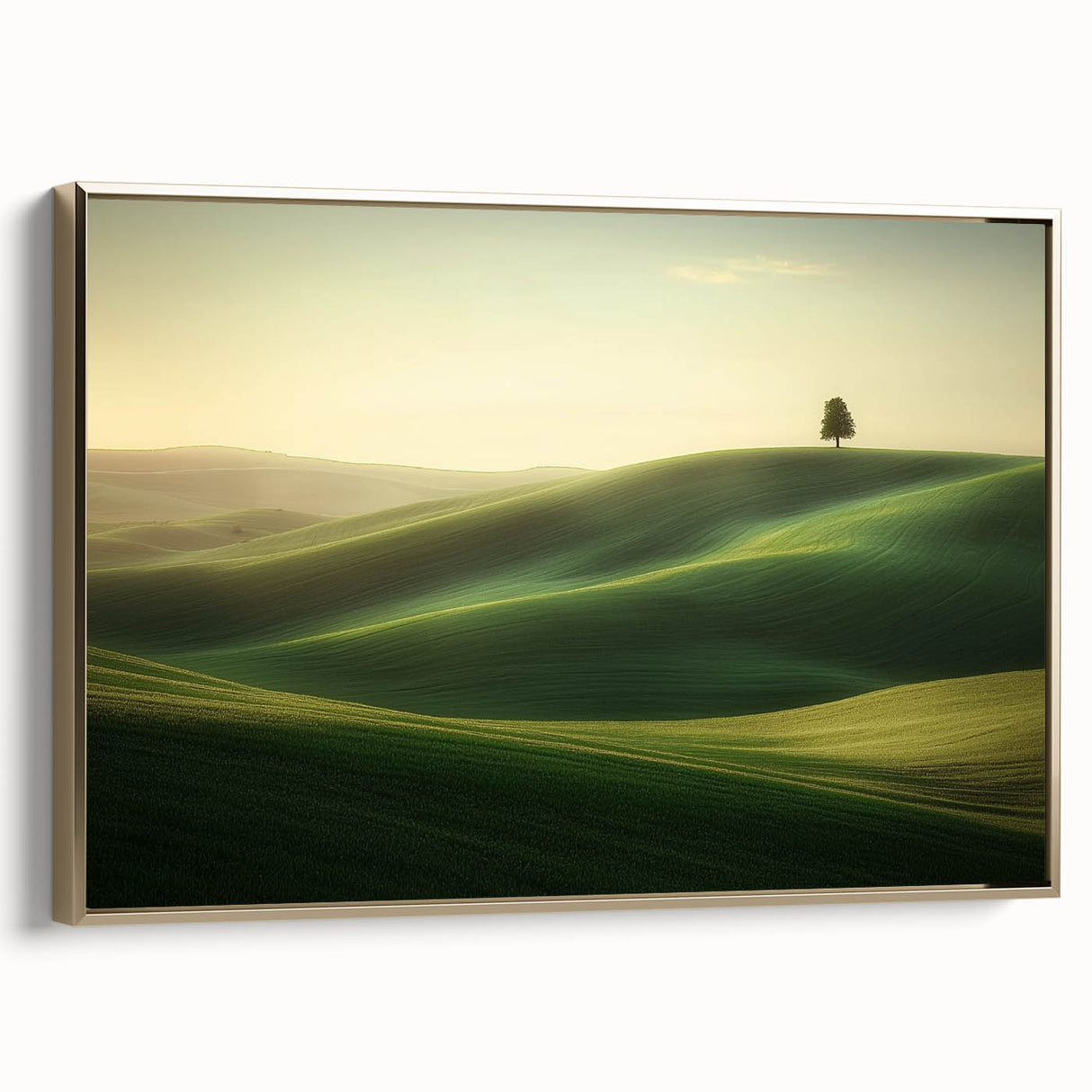 Framed canvas depicting a serene landscape of golden fields under a blue sky, showcasing intricate details and textures, perfect for home decor.