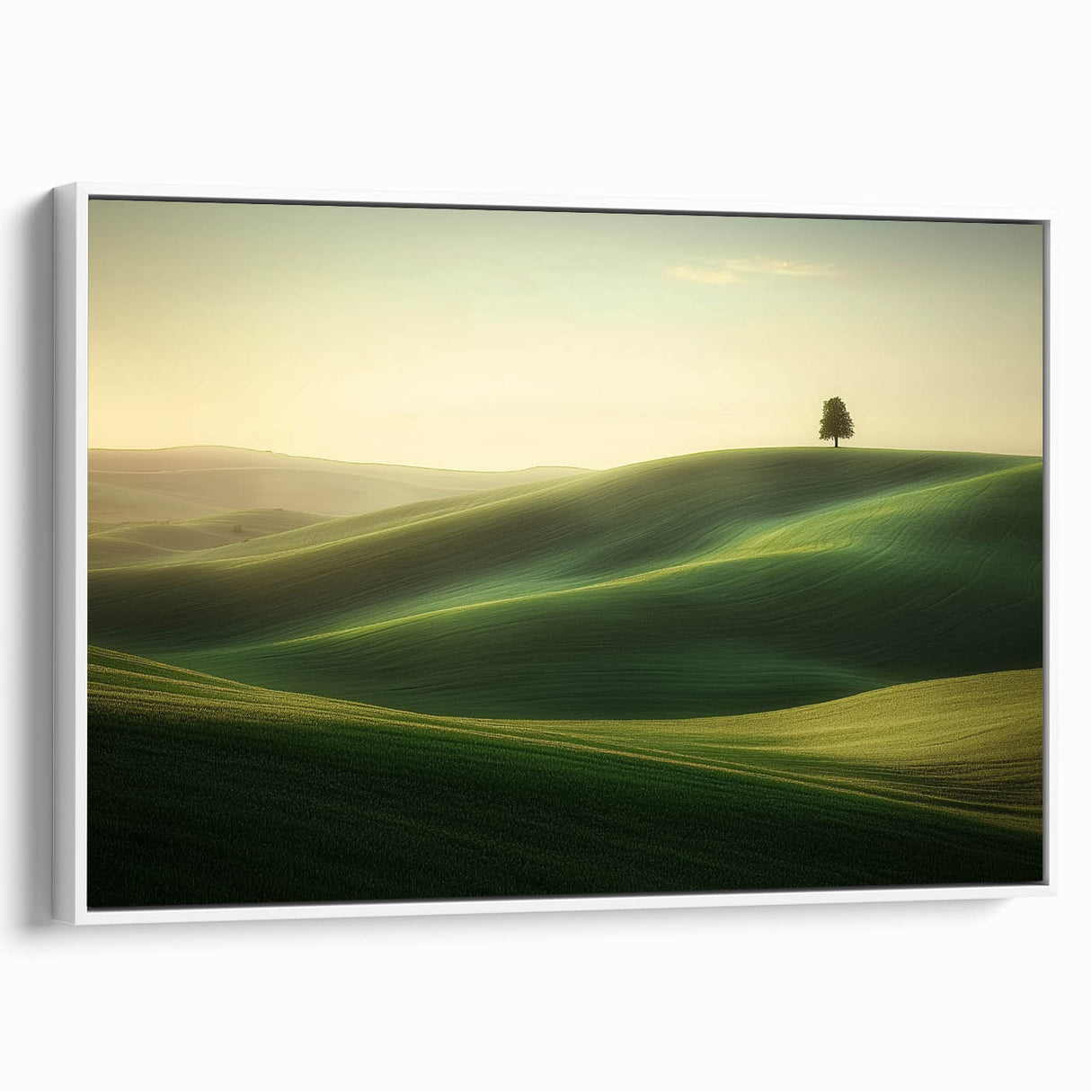 Framed canvas artwork showcasing a vibrant landscape of golden fields under a clear blue sky, with a sleek white frame enhancing its modern aesthetic. Perfect for home decor.