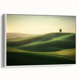 Framed canvas artwork showcasing a vibrant landscape of golden fields under a clear blue sky, with a sleek white frame enhancing its modern aesthetic. Perfect for home decor.