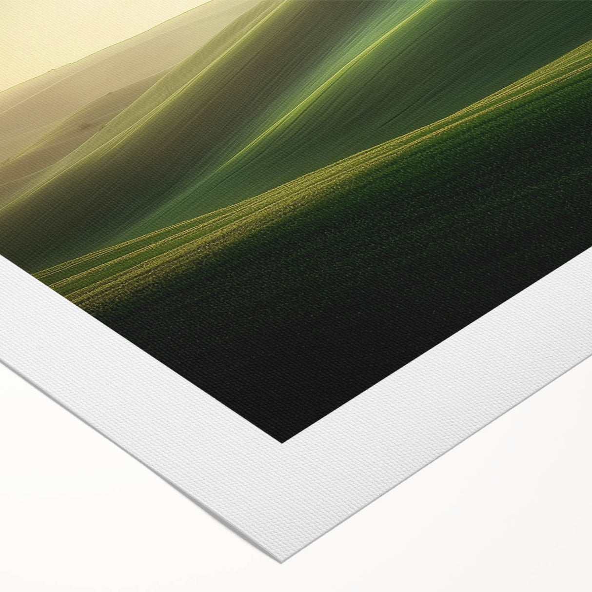 Vibrant rolled canvas depicting a serene landscape of rolling green fields under a bright blue sky, ideal for home decor or art enthusiasts, securely packaged for delivery.