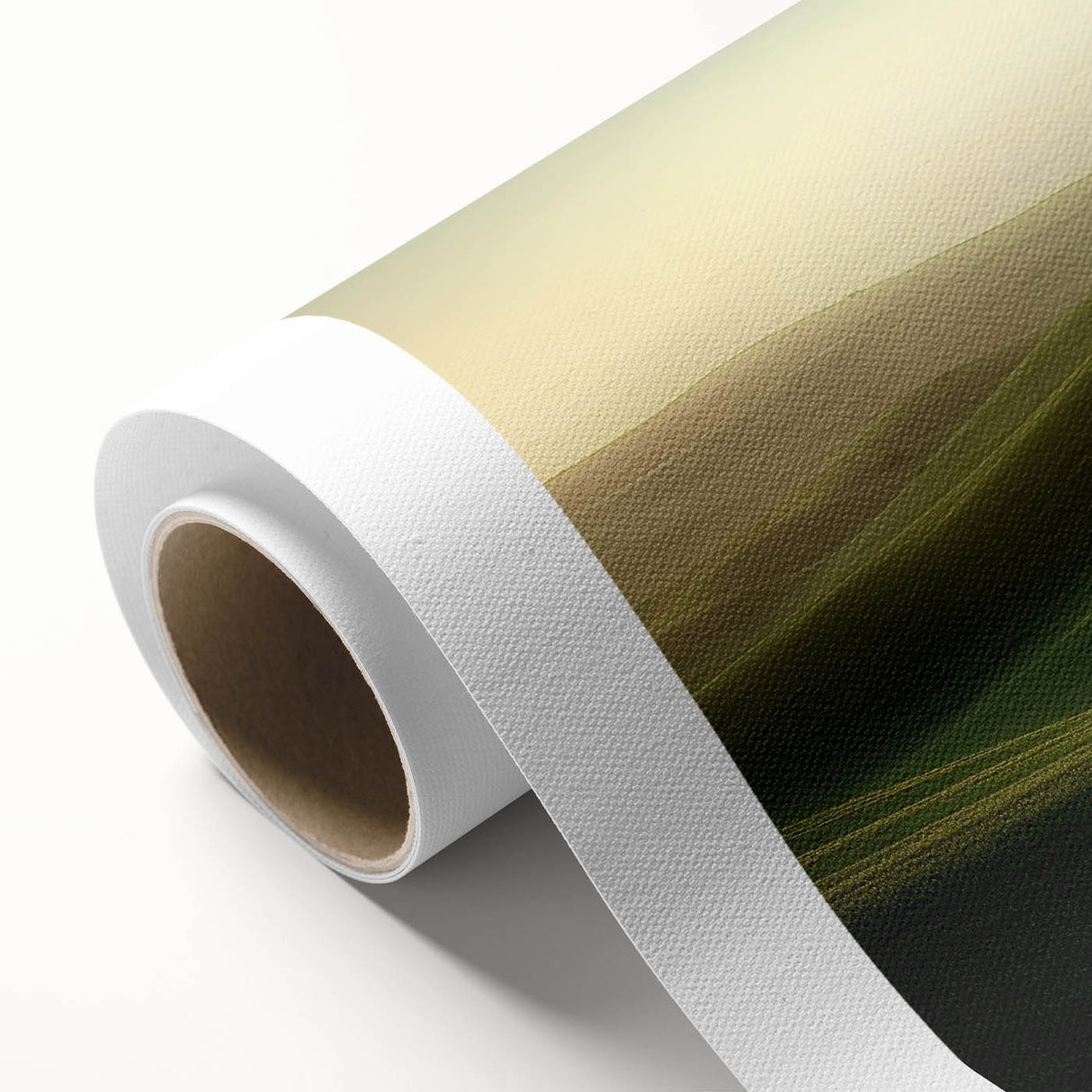 Vibrant rolled canvas displaying a serene landscape with lush green fields and a clear blue sky, elegantly packaged in a protective cardboard tube for safe shipping.