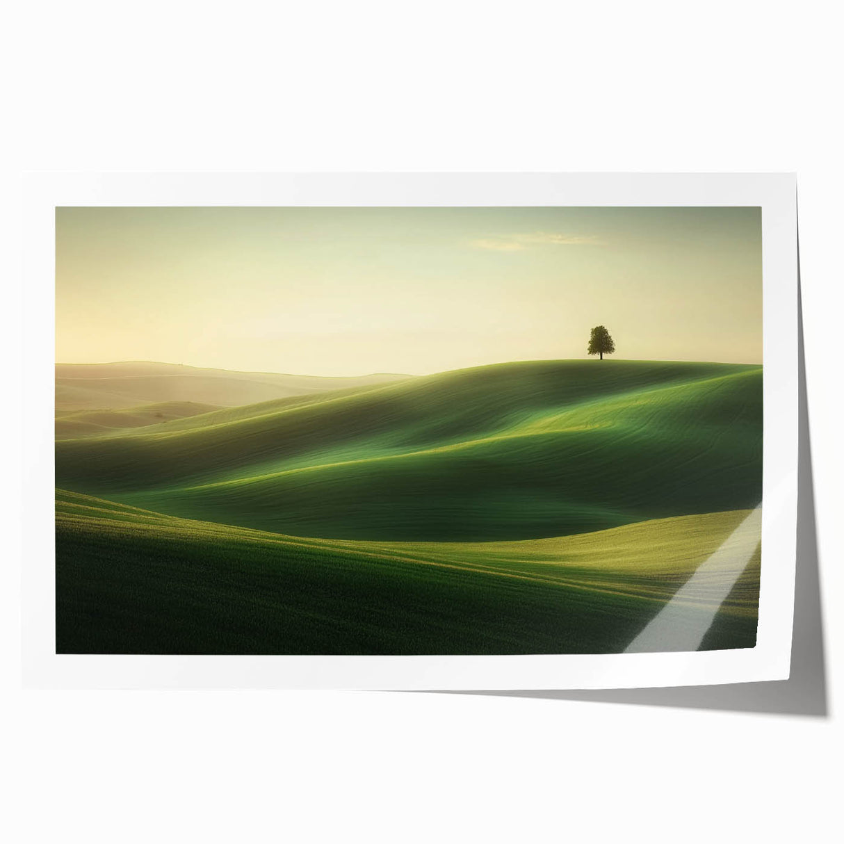 Vibrant landscape canvas print featuring rolling green fields under a bright blue sky, rolled tightly for shipping in a protective cardboard tube, ideal for home decor.