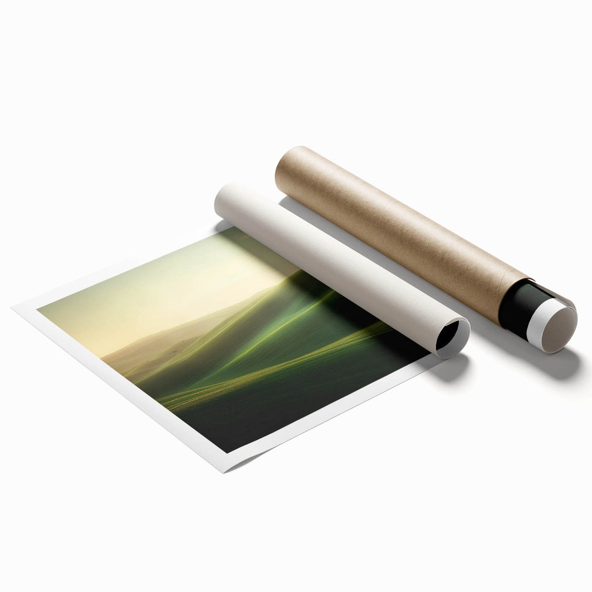 Vibrant rolled landscape print showcasing lush green fields under a bright blue sky, elegantly packaged in a protective cardboard tube for easy transport and display.