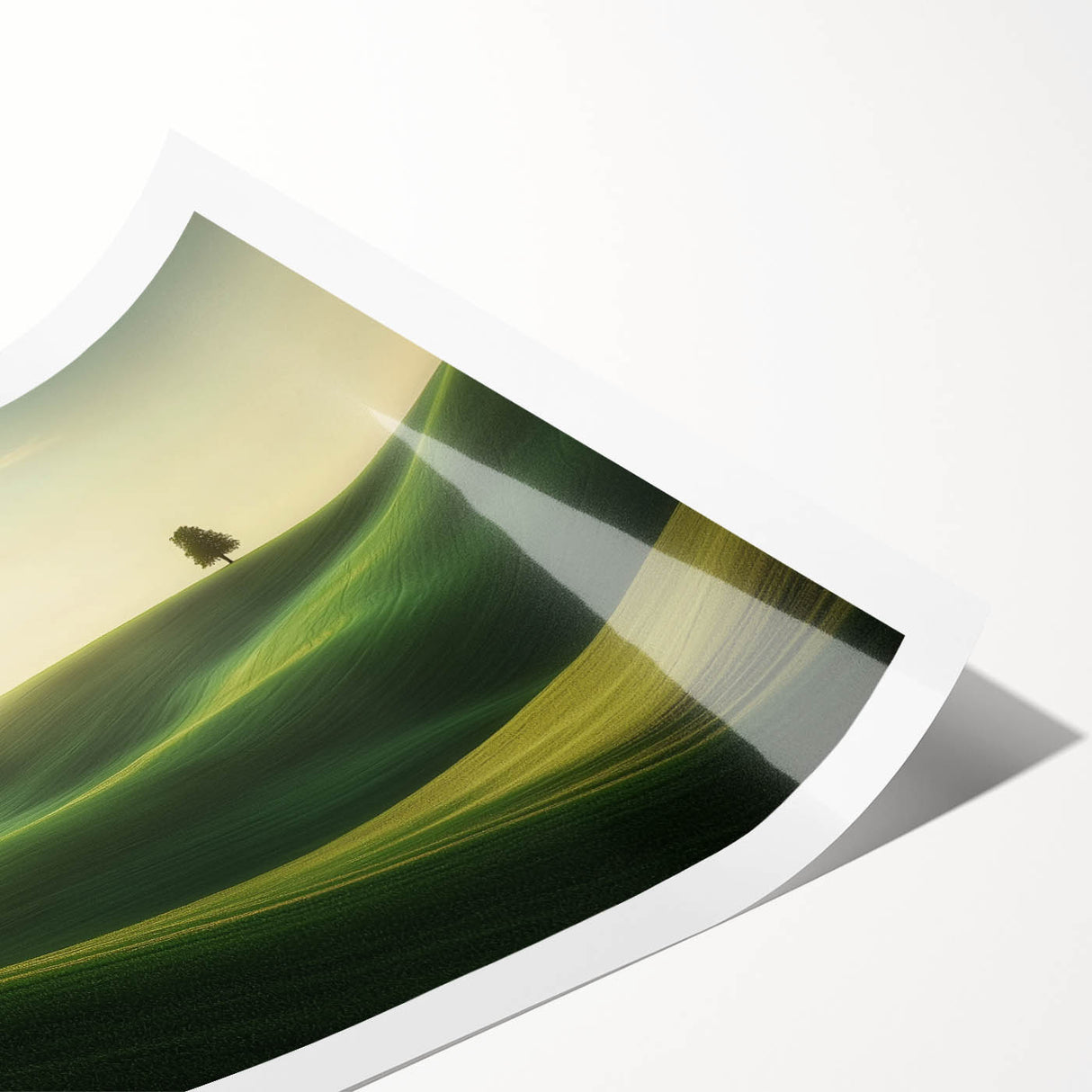 Vibrant rolled canvas print showcasing a serene landscape with rolling fields and a clear blue sky, ideal for home decor and art enthusiasts.