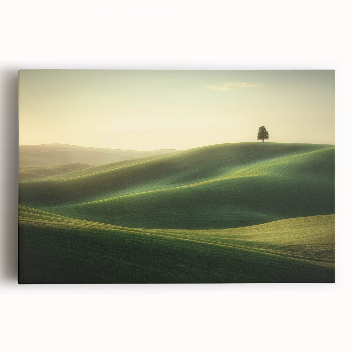 Vibrant stretched canvas artwork depicting lush green fields under a bright blue sky, perfect for enhancing home decor with a serene landscape theme.