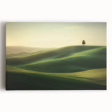Vibrant stretched canvas artwork depicting lush green fields under a bright blue sky, perfect for enhancing home decor with a serene landscape theme.