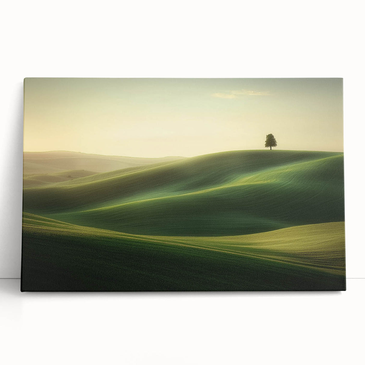 Vibrant stretched canvas artwork depicting a serene landscape of rolling fields under a clear blue sky, ideal for home decor or art enthusiasts.