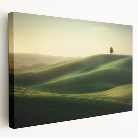 Stretched canvas artwork showcasing vibrant green fields under a bright blue sky, emphasizing natural beauty and tranquility, ideal for home decor.