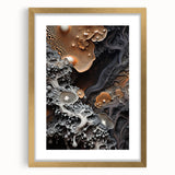 Large abstract wall art featuring geometric shapes in gold and black tones on a framed canvas.